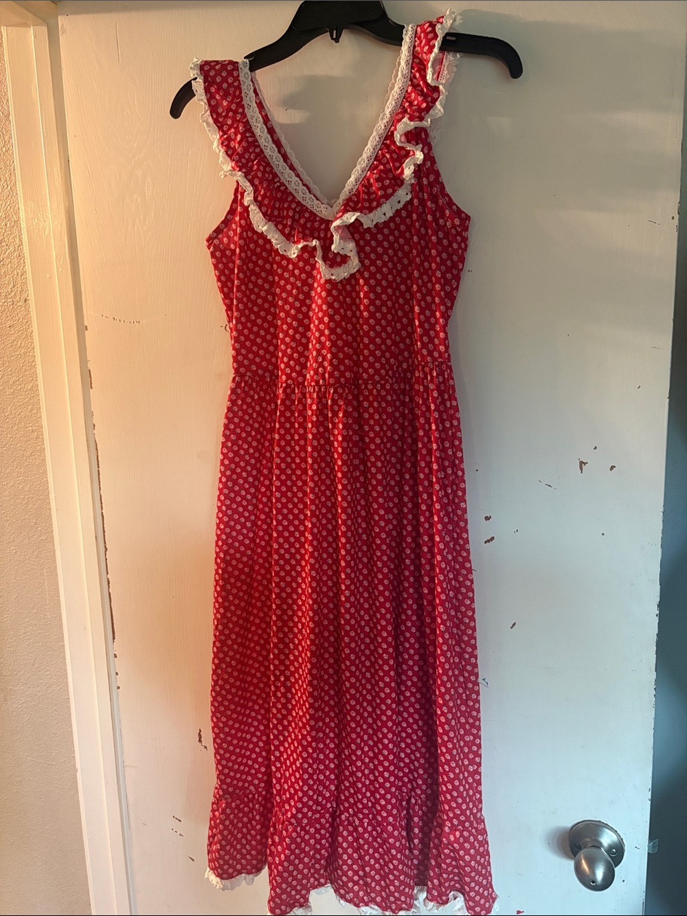 Women's Red Midi Dress with Lace Ruffle Trim